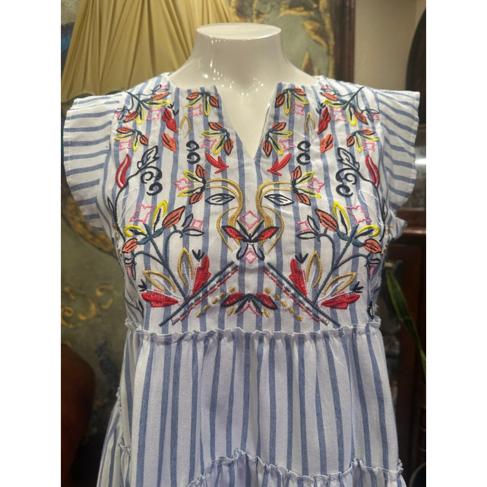 Handmade Coastal Dress Blue White Stripe Cotton Floral - Picture 4 of 12